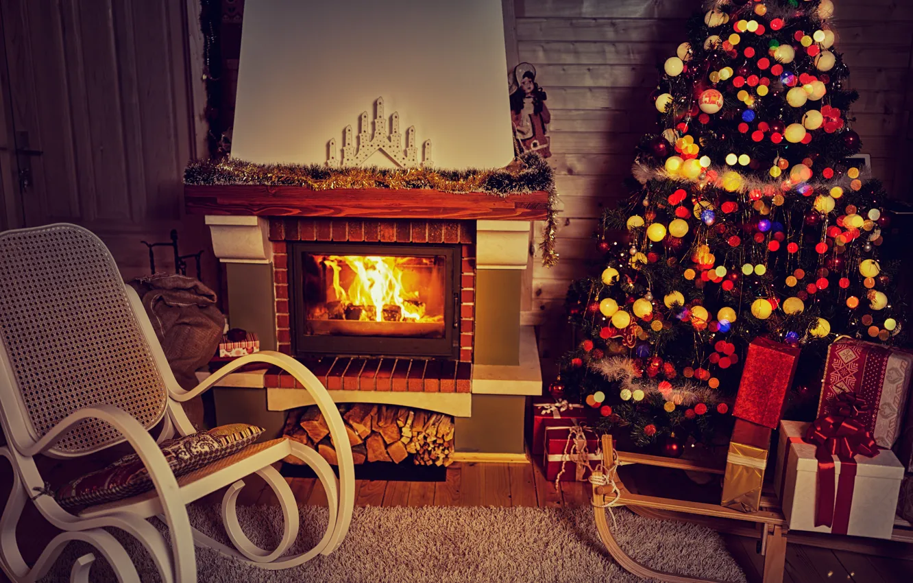 Фото обои Новый Год, Рождество, камин, merry christmas, interior, decoration, christmas tree, holiday celebration