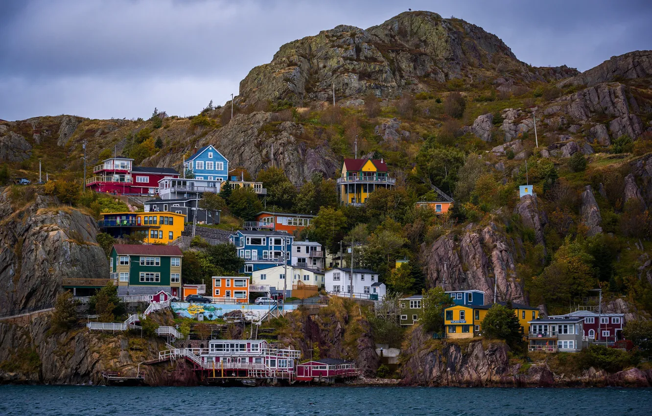 Фото обои пейзаж, город, океан, гора, дома, Канада, Saint John Harbour, The Battery