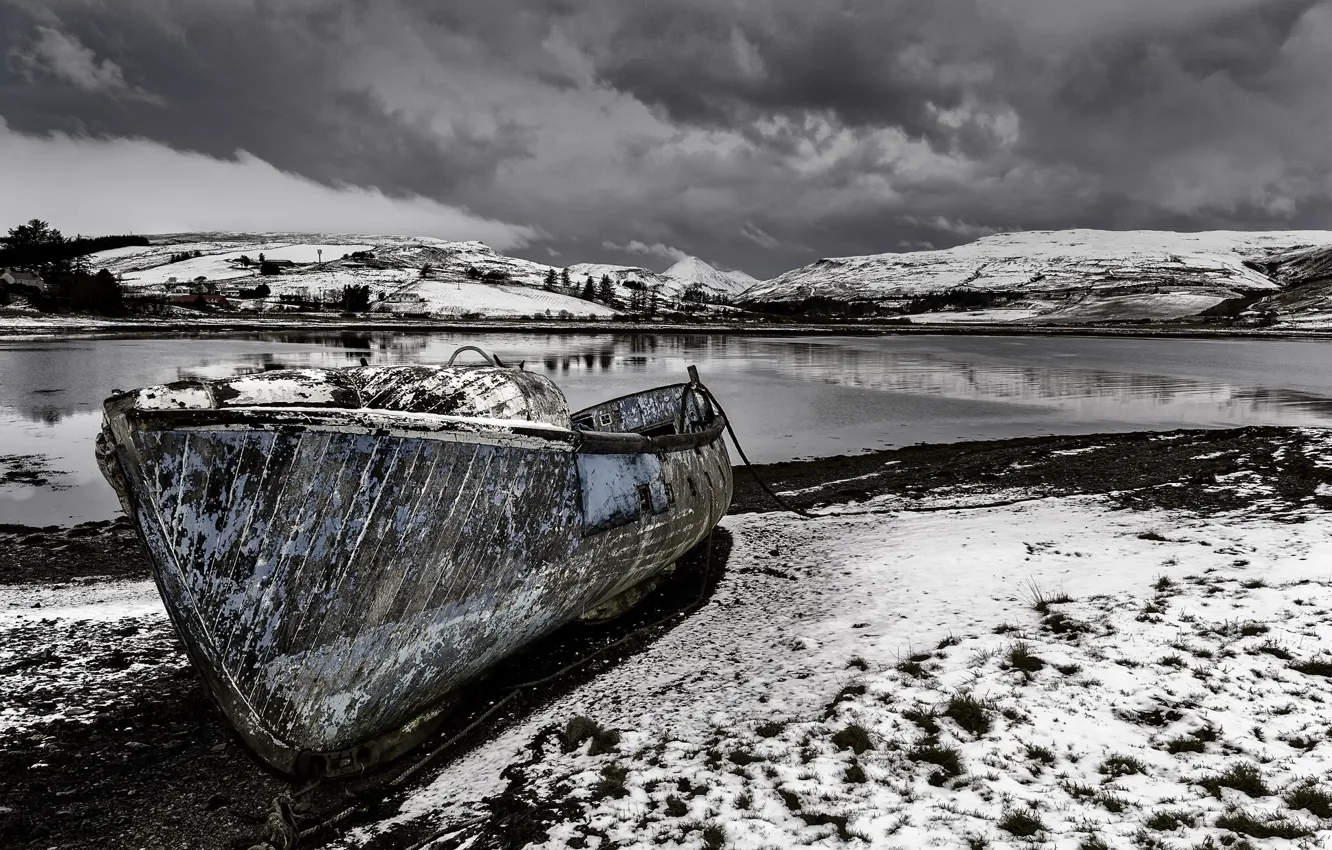 Фото обои зима, река, берег, лодка