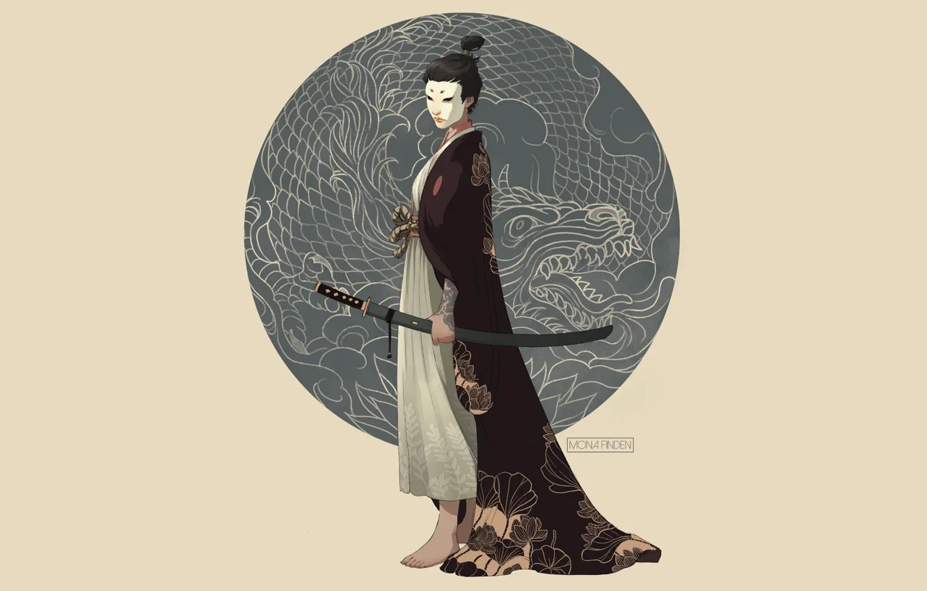 Фото обои sword, fantasy, minimalism, weapon, katana, dragon, samurai, digital art