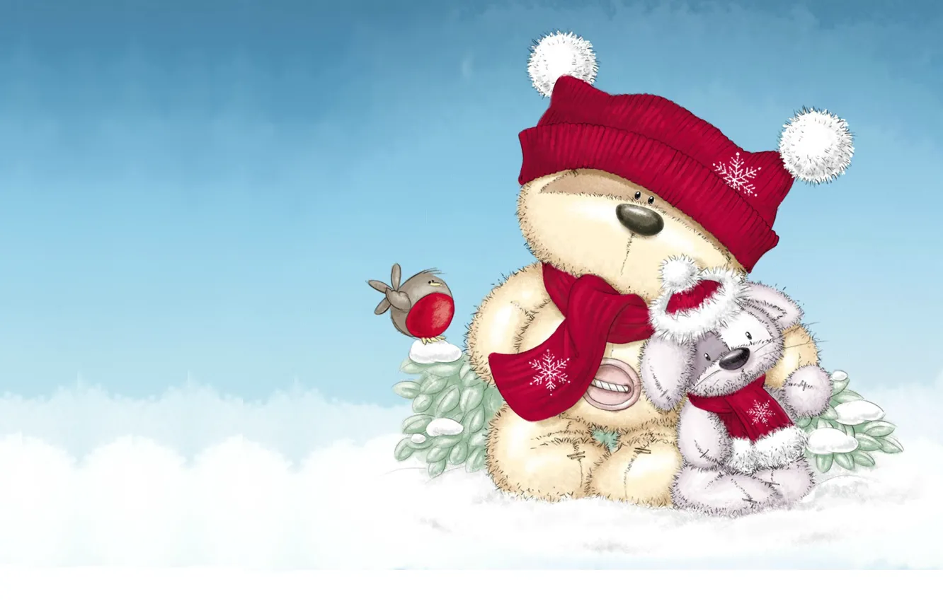 Фото обои зима, снег, настроение, подарок, игрушка, мишка, Новый год, птичка