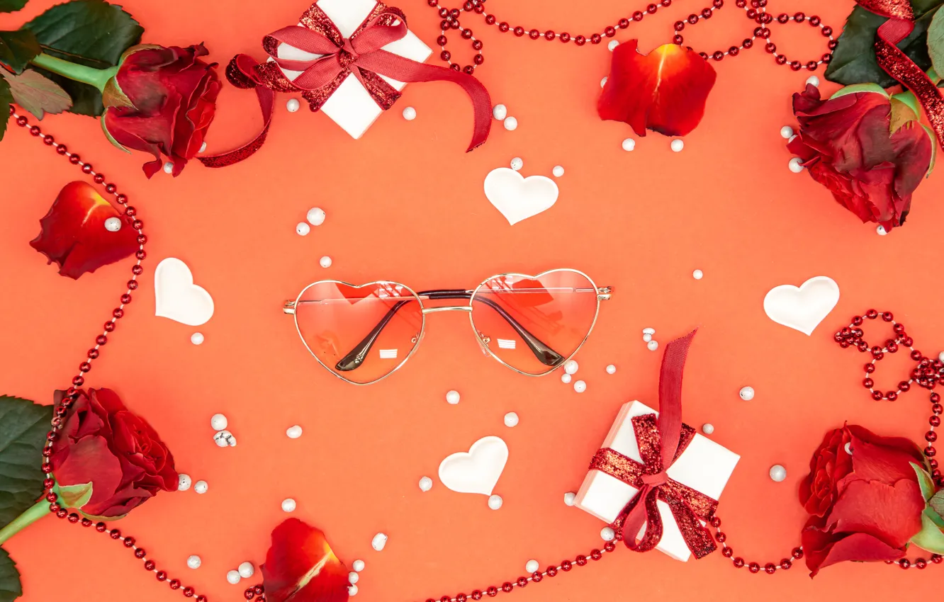 Фото обои шарики, любовь, цветы, красный, праздник, подарок, сердце, розы