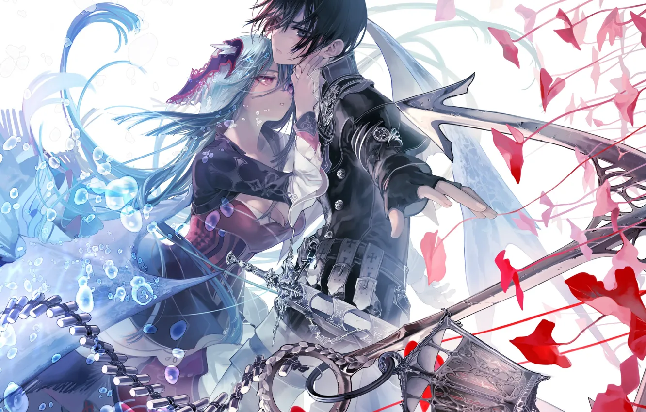 Фото обои девушка, оружие, меч, аниме, арт, парень, двое, ukai saki