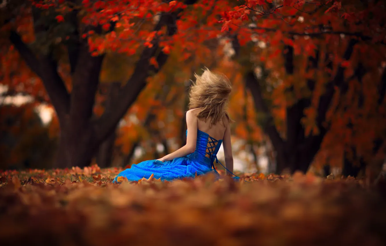 Фото обои осень, листья, девушка, ветер, платье, боке