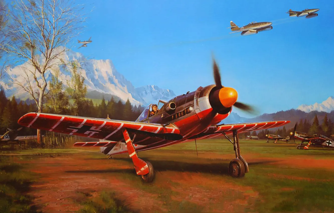 Фото обои авиация, рисунок, арт, истребители, Nicolas Trudgian, fw-190, me-262