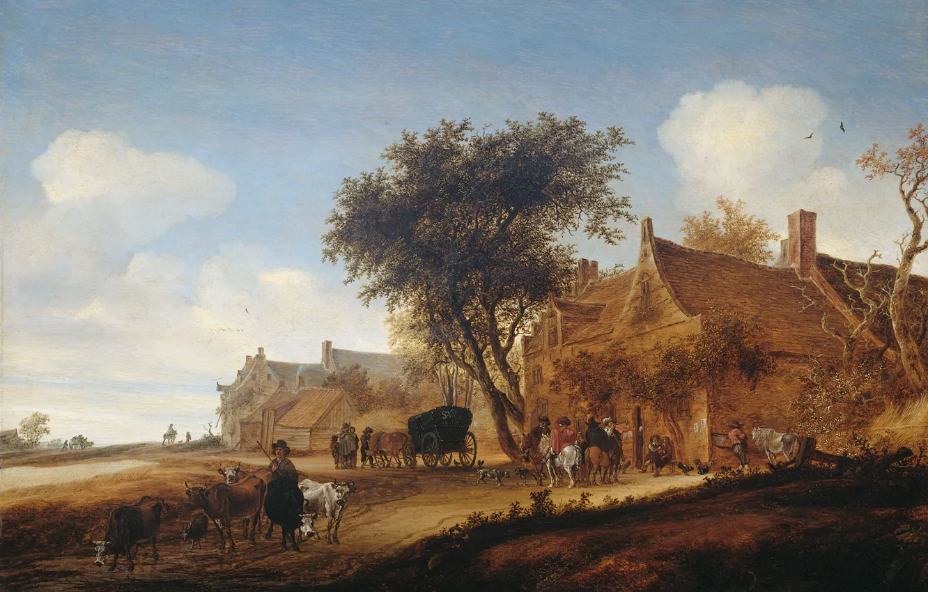 Фото обои пейзаж, дерево, масло, картина, Деревенская Повозка, Соломон ван Рёйсдал