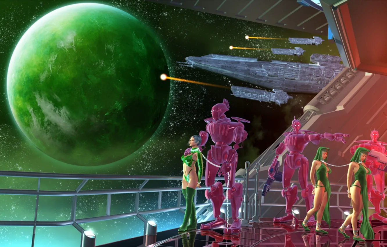 Фото обои robot, stars, spaceship, cosmos, planet, slave, The End of Amazonia