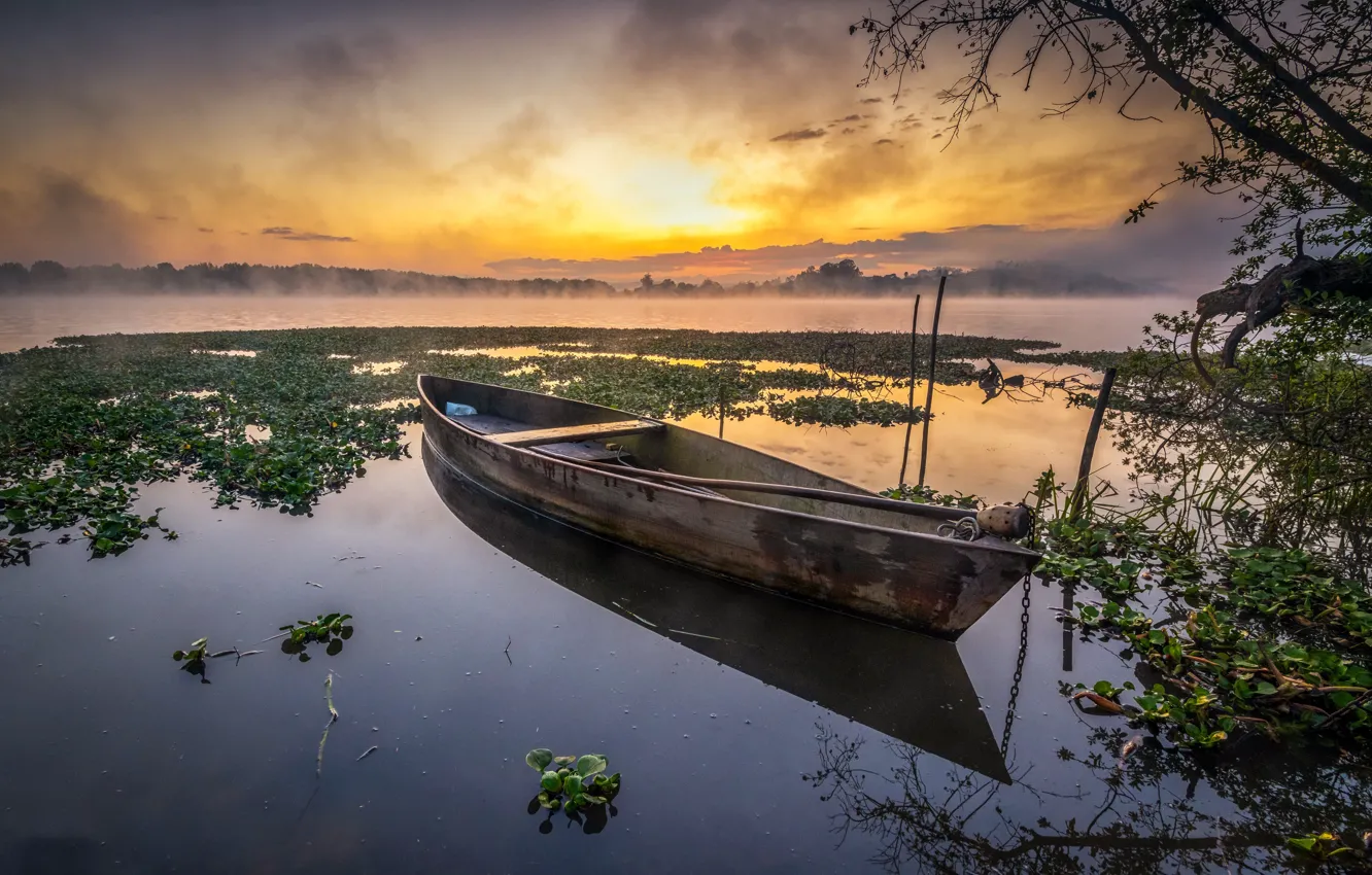 Фото обои закат, природа, озеро, лодка