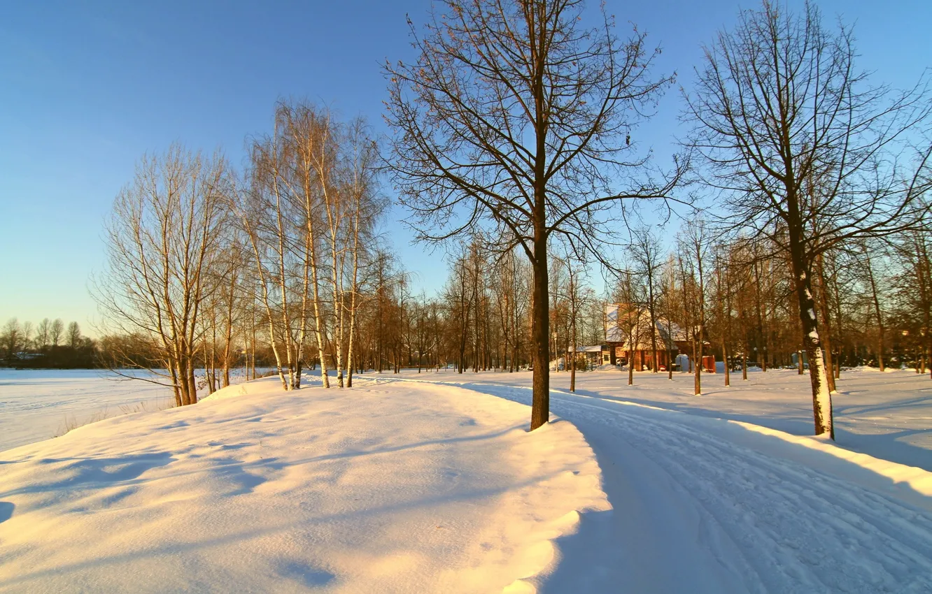 Фото обои зима, дорога, небо, снег, деревья, утро, домик