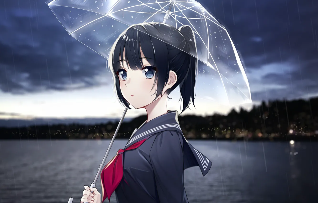 Фото обои дождь, зонт, девочка