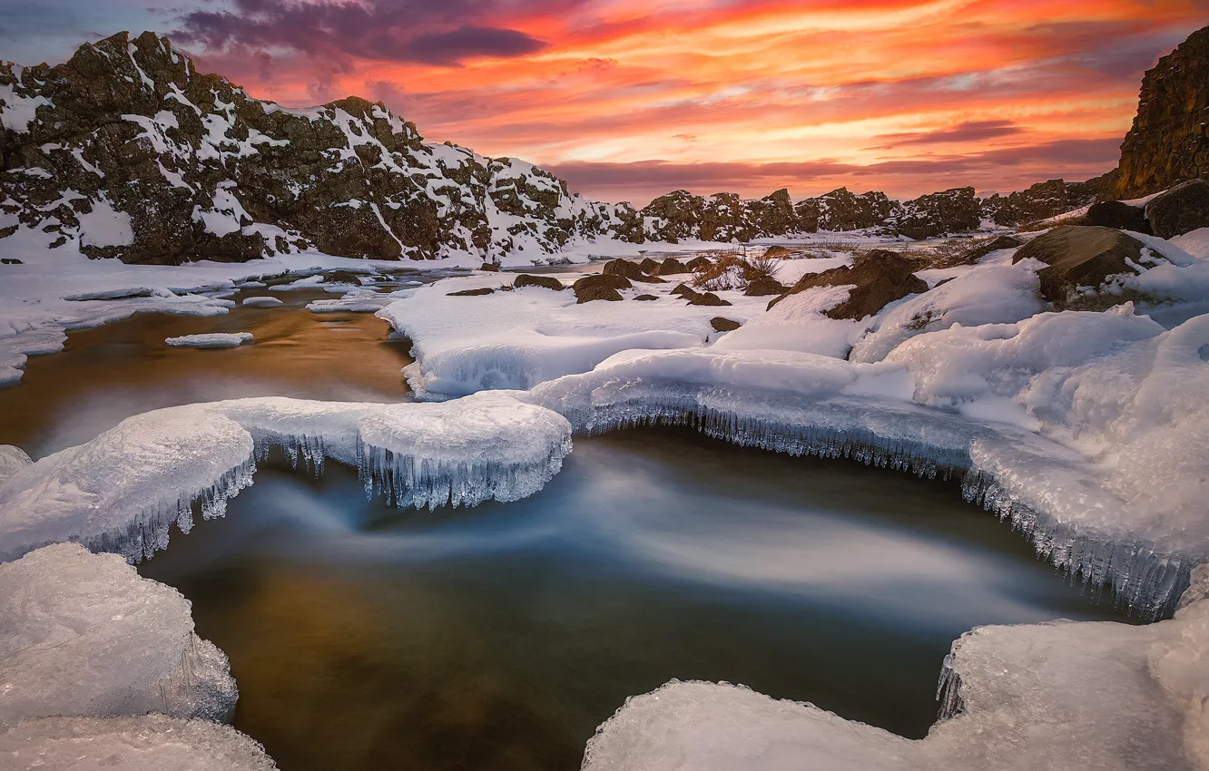 Фото обои зима, снег, закат, горы, река, лёд, Исландия