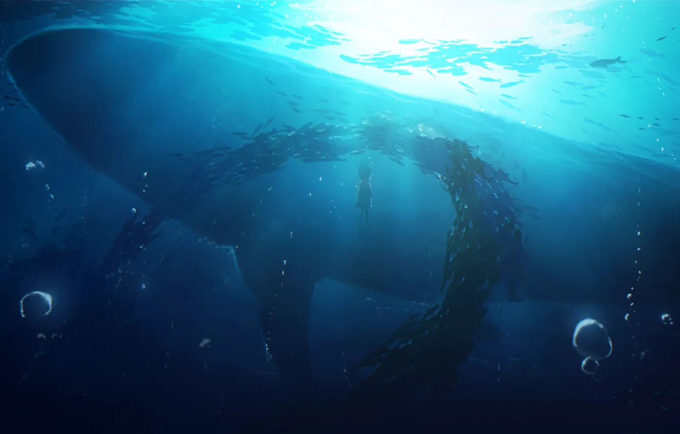 Фото обои девушка, кит, под водой, косяк рыб