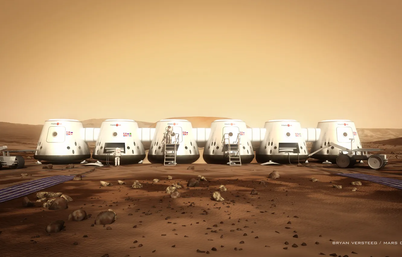 Фото обои камни, Марс, астронавты, модули, грунт, марсоход, Mars One