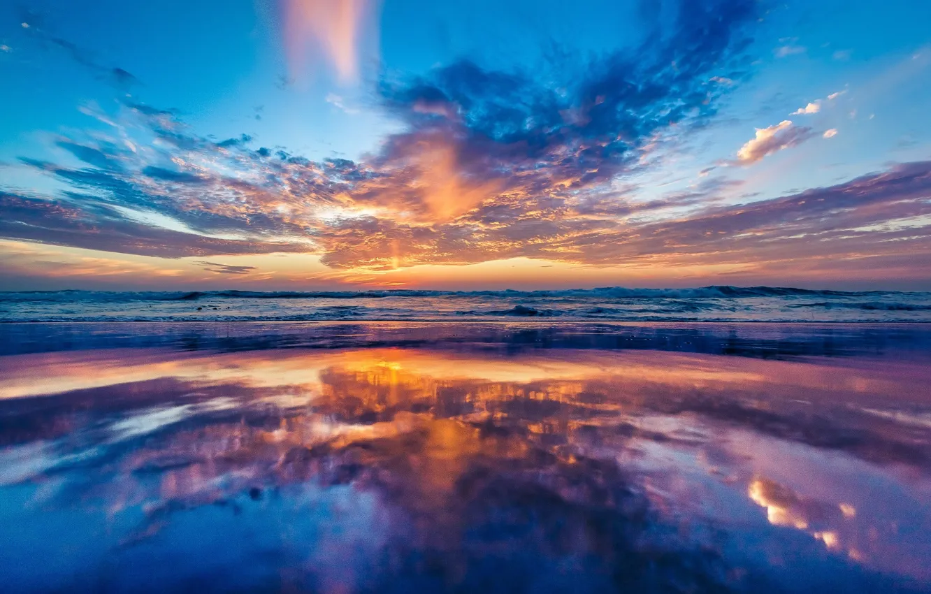Фото обои пляж, отражение, океан, рассвет, побережье