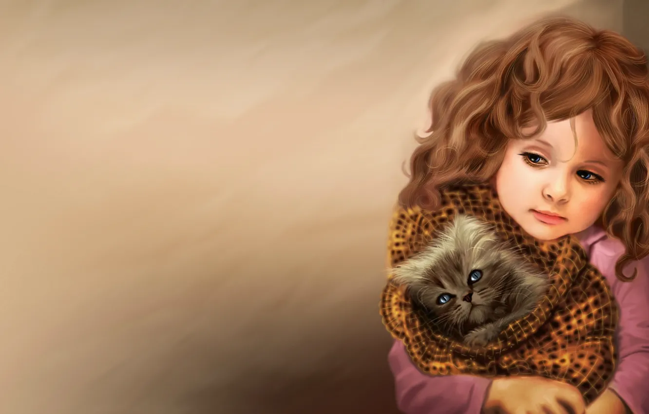 Фото обои любовь, лицо, котенок, тепло, животное, волосы, ребенок, арт