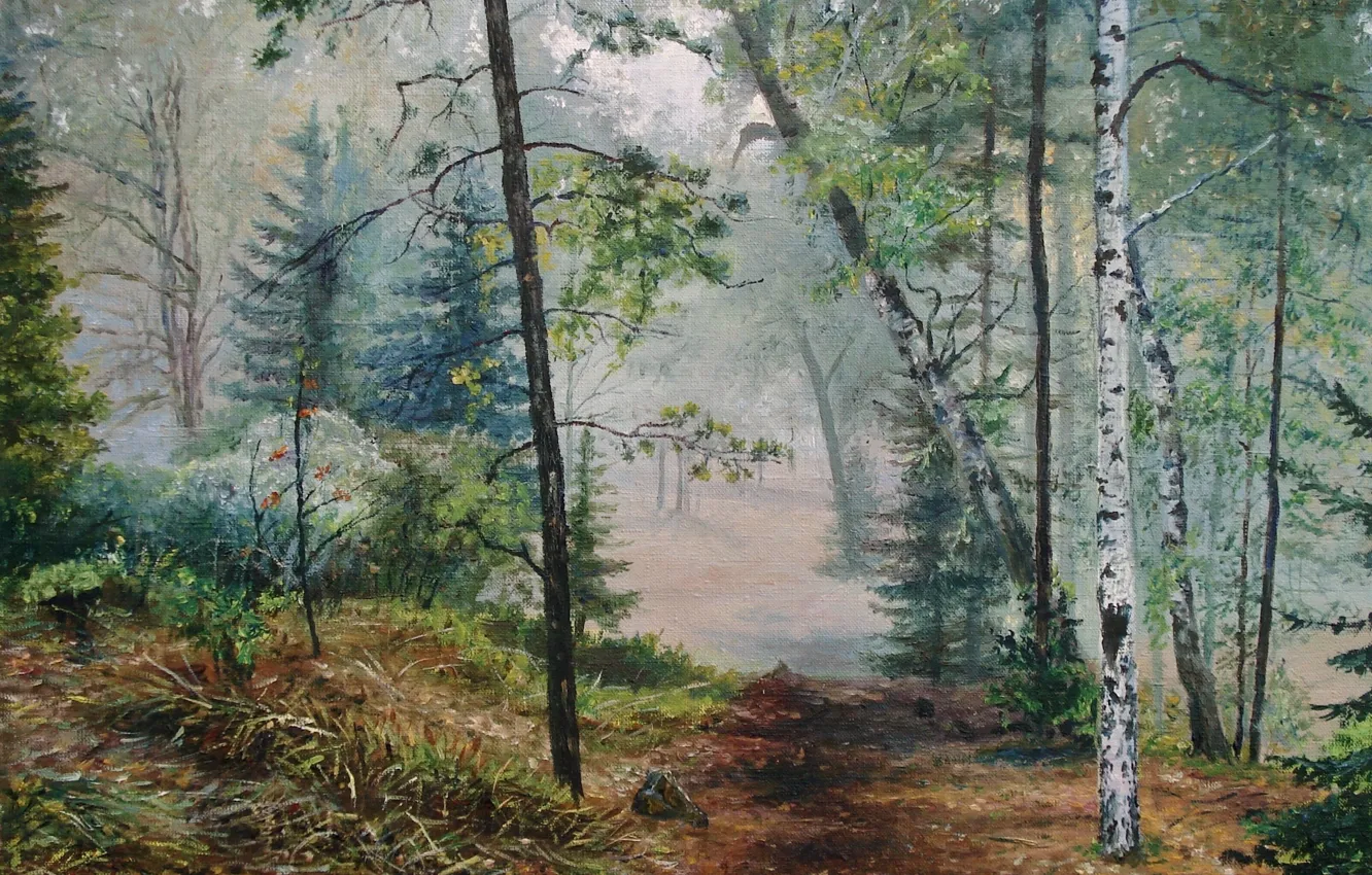 Фото обои пейзаж, природа, туман, картина, живопись, тропинка, Луценко, утренний лес