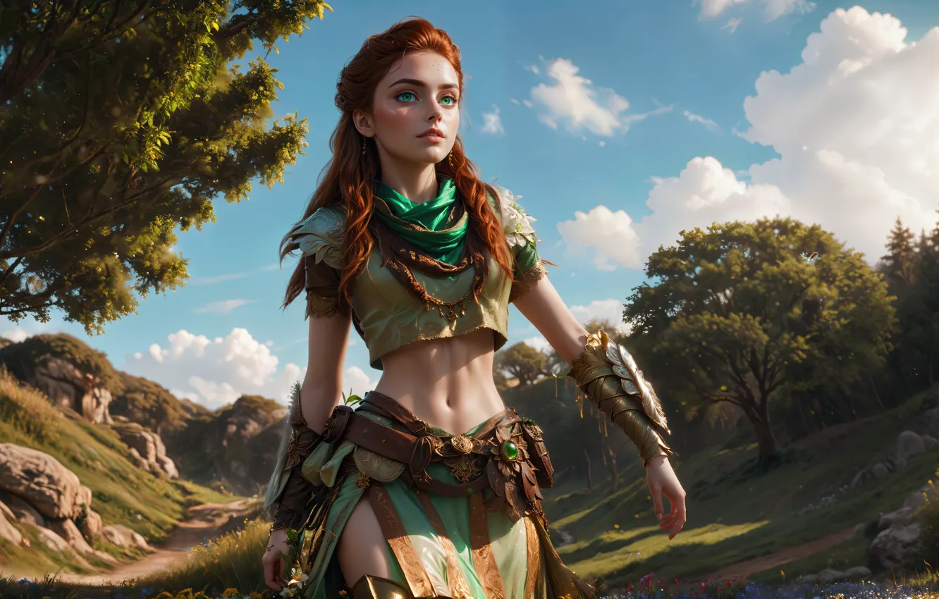 Фото обои fantasy, art, dawn, horizon, zero, aloy