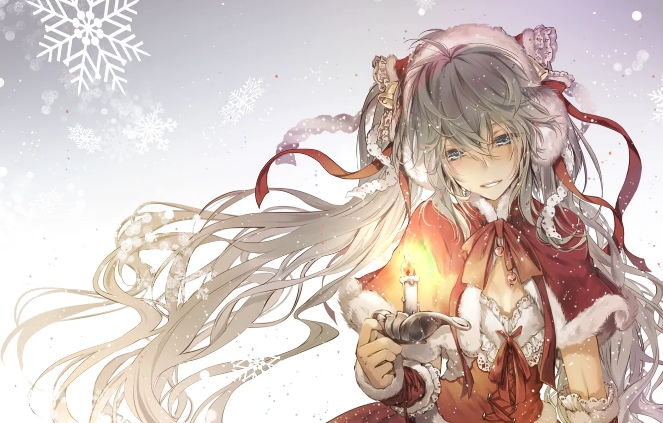 Фото обои зима, девушка, ленты, праздник, свеча, аниме, арт, vocaloid