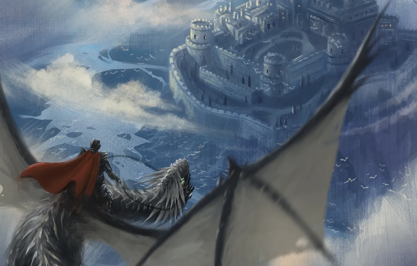 Фото обои полет, замок, дракон, арт, всадник, в небе