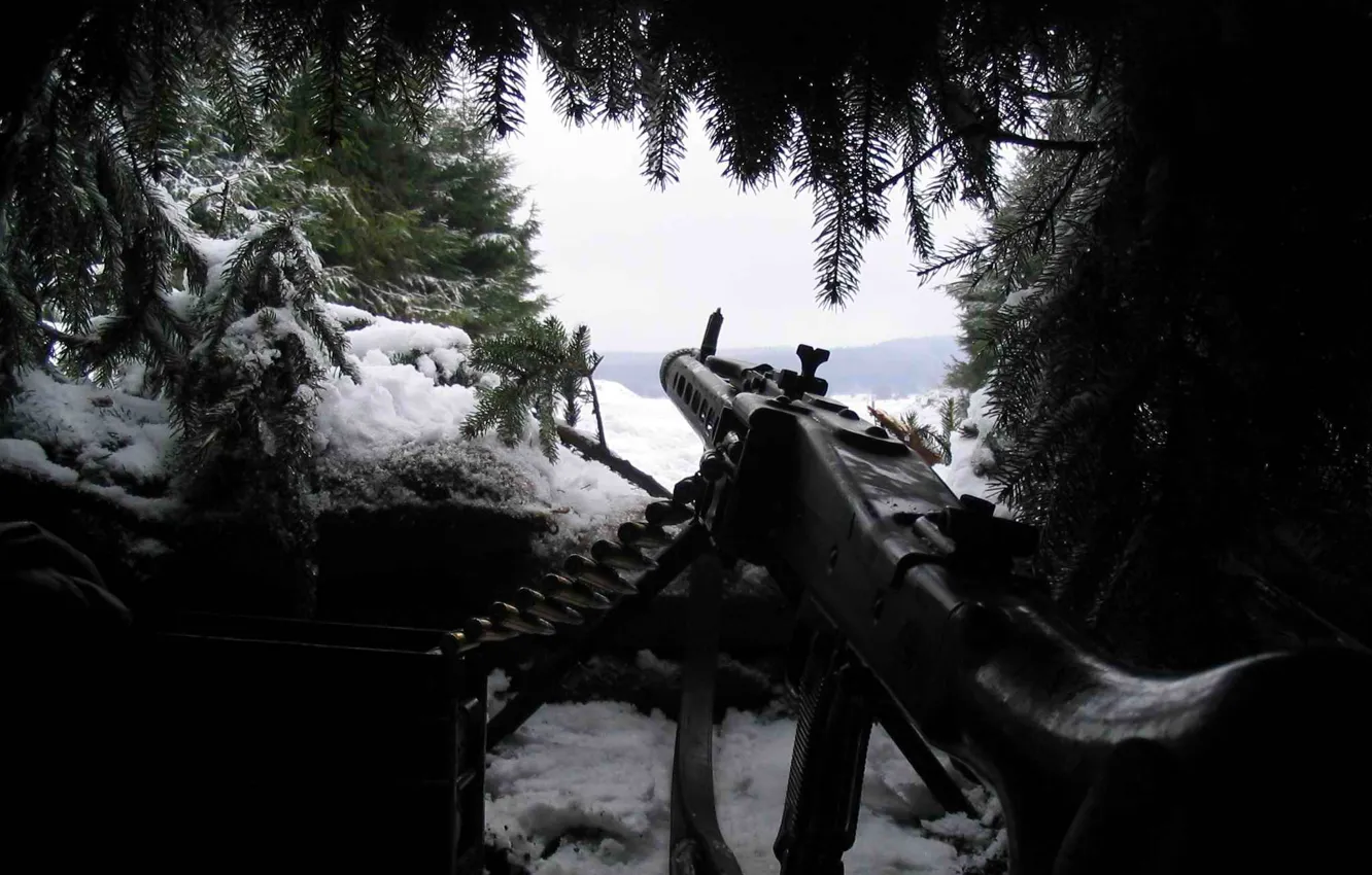 Фото обои снег, оружие, засада, хвоя, MG-42