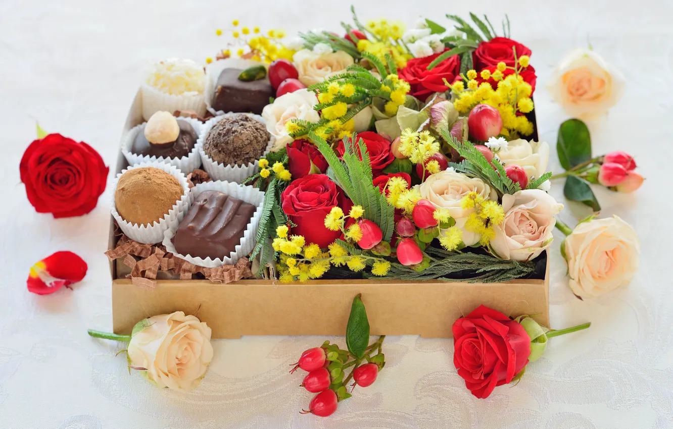 Фото обои цветы, подарок, конфеты, день святого валентина