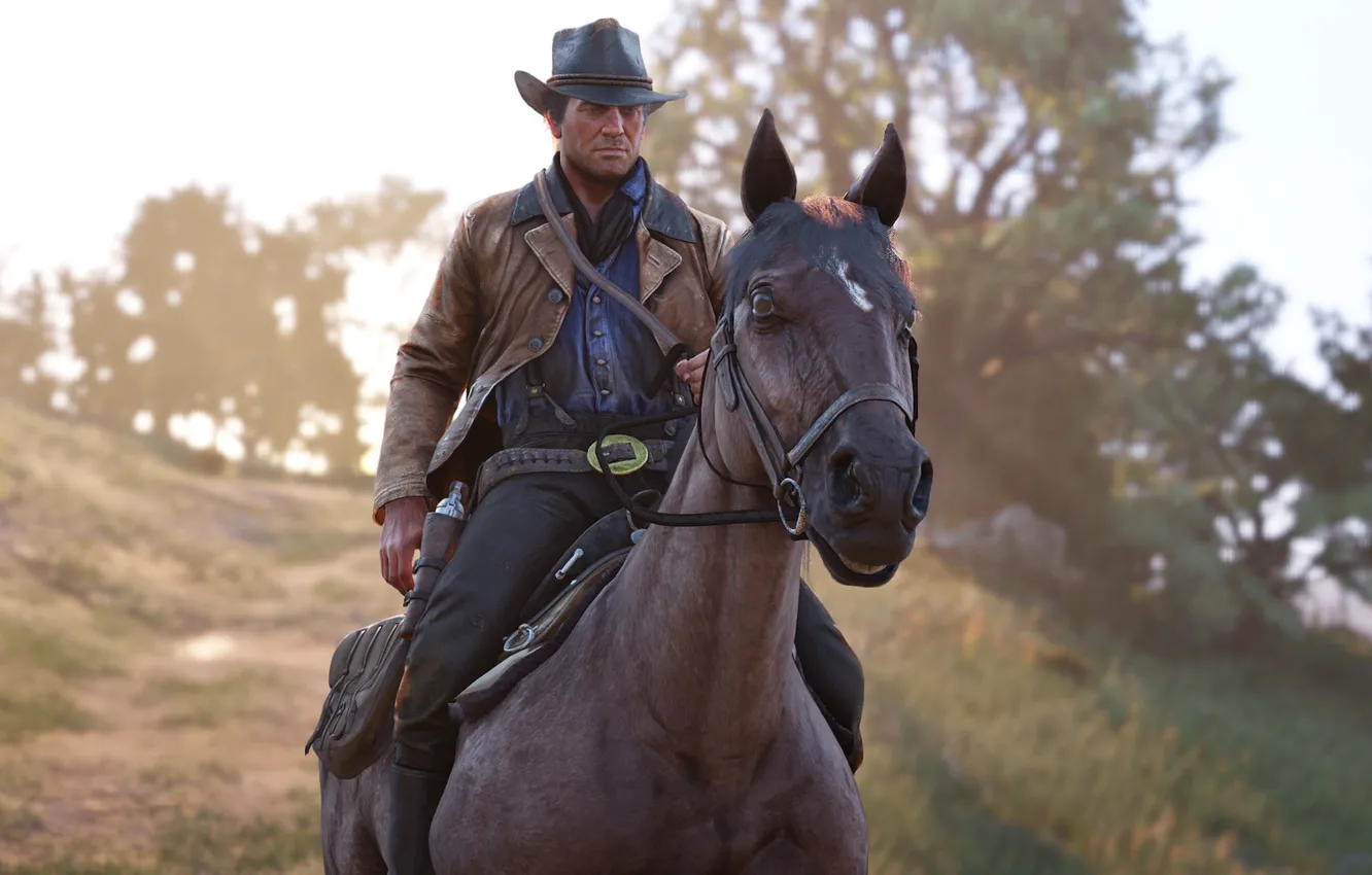 Фото обои лошадь, шляпа, револьвер, Rockstar, Бандит, Red Dead Redemption 2, Arthur Morgan