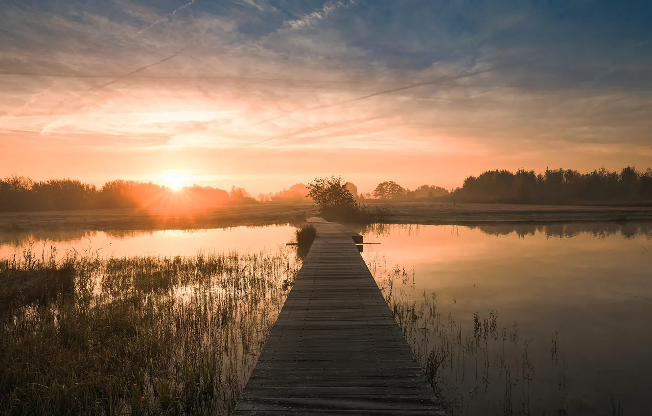 Фото обои небо, вода, мост, природа, река, рассвет, утро, Нидерланды