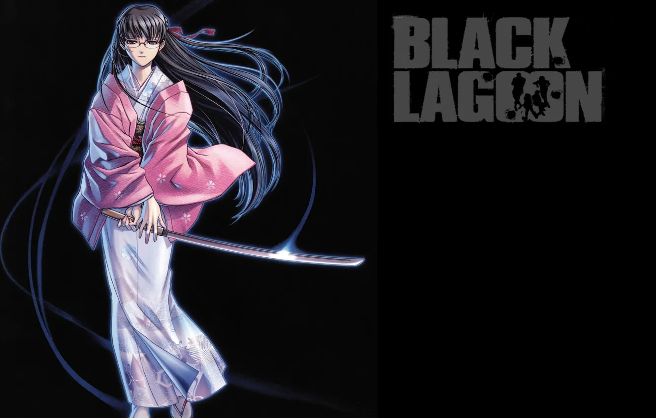 Фото обои катана, Black Lagoon, удар, черный фон, мечник, Пираты Черной лагуны, Yukio Washimine, дева воительница