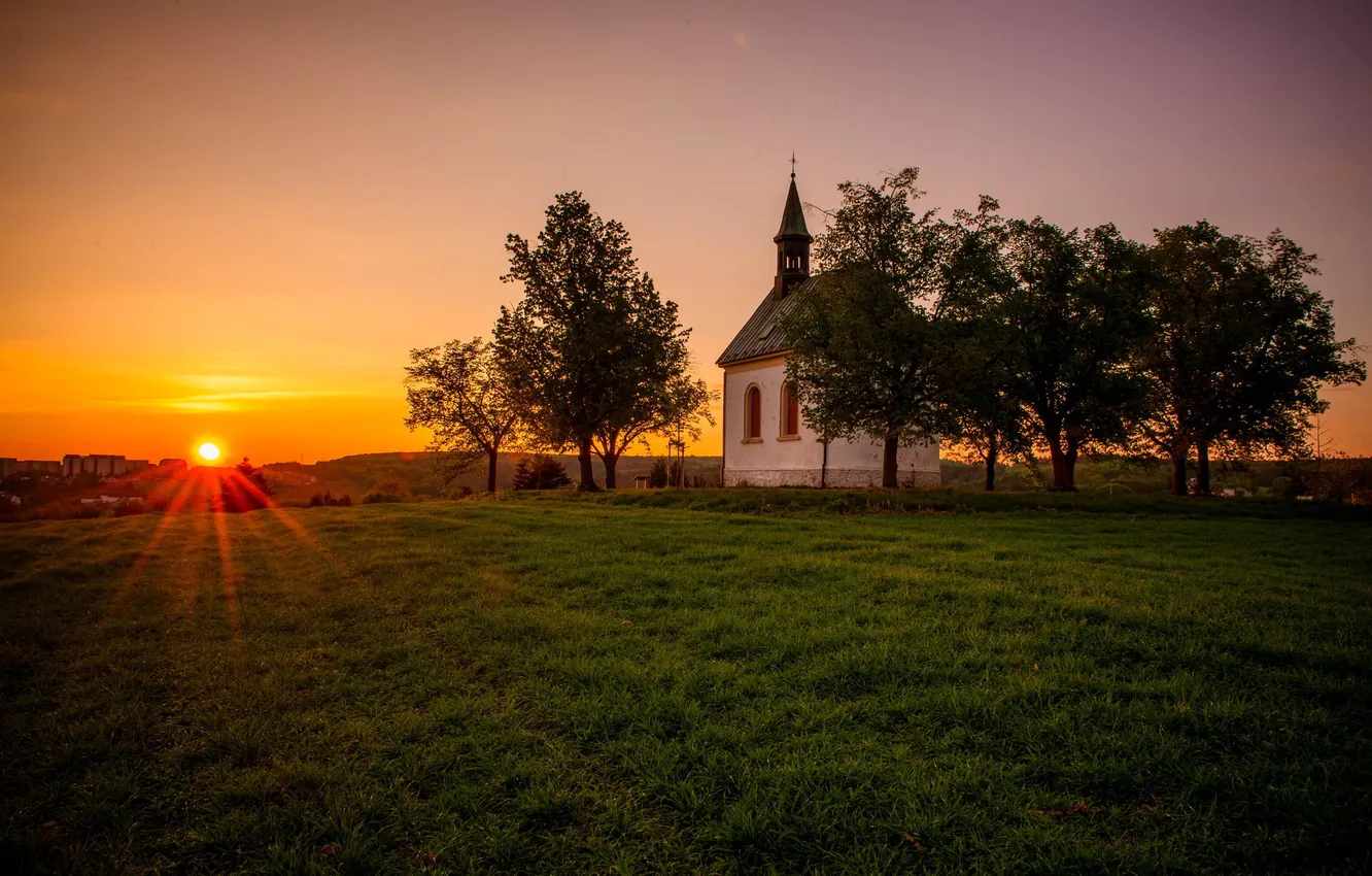Фото обои пейзаж, закат, церковь
