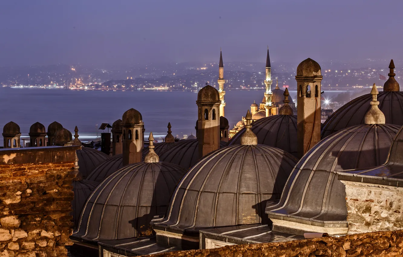 Фото обои ночь, огни, пролив, собор, мечеть, Стамбул, Турция, минарет
