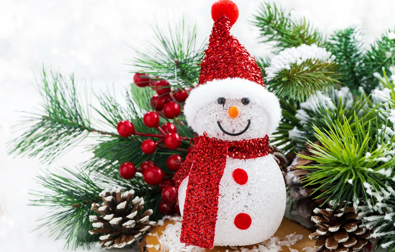 Фото обои Christmas, tree, snowman, decoration