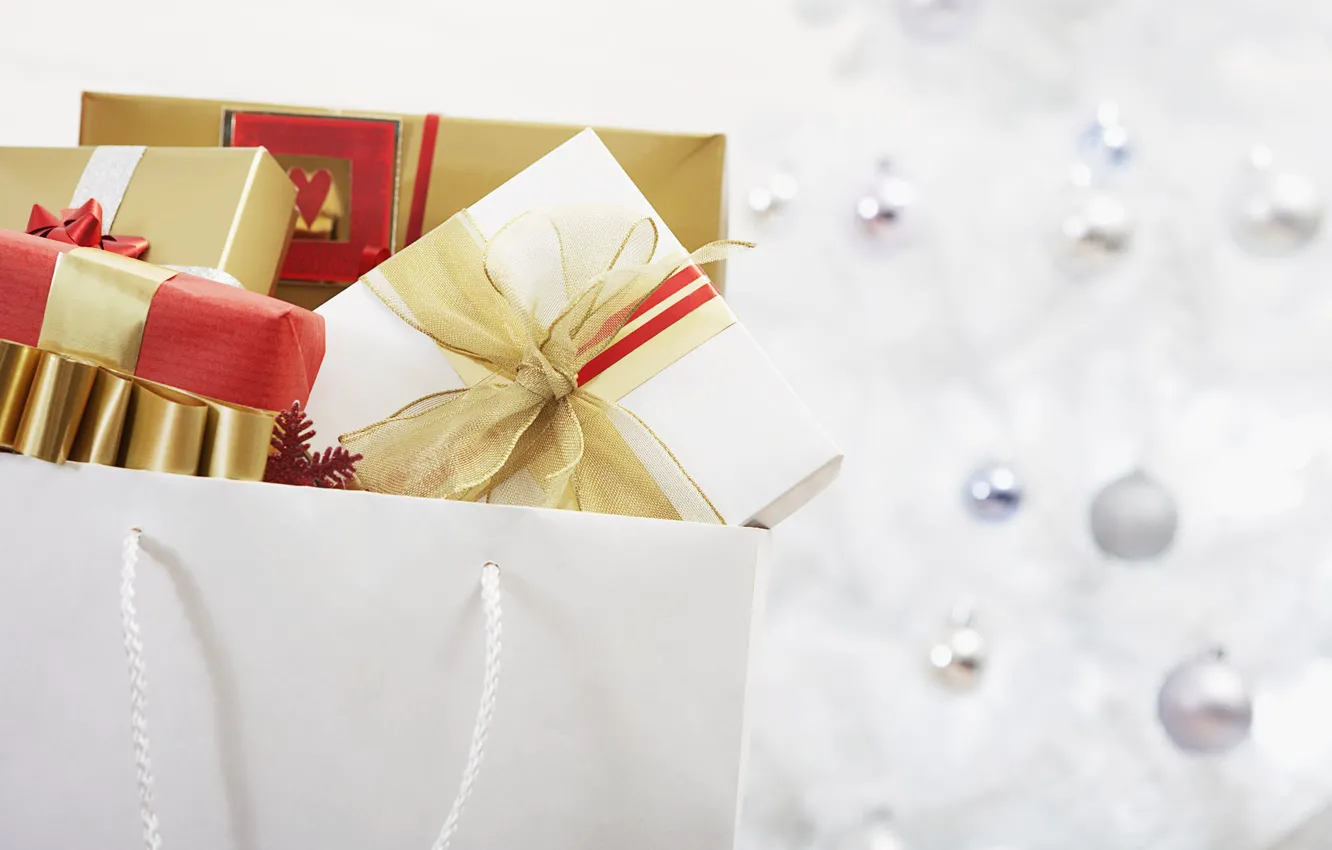Фото обои праздник, новый год, пакет, подарки, new year, коробки, банты