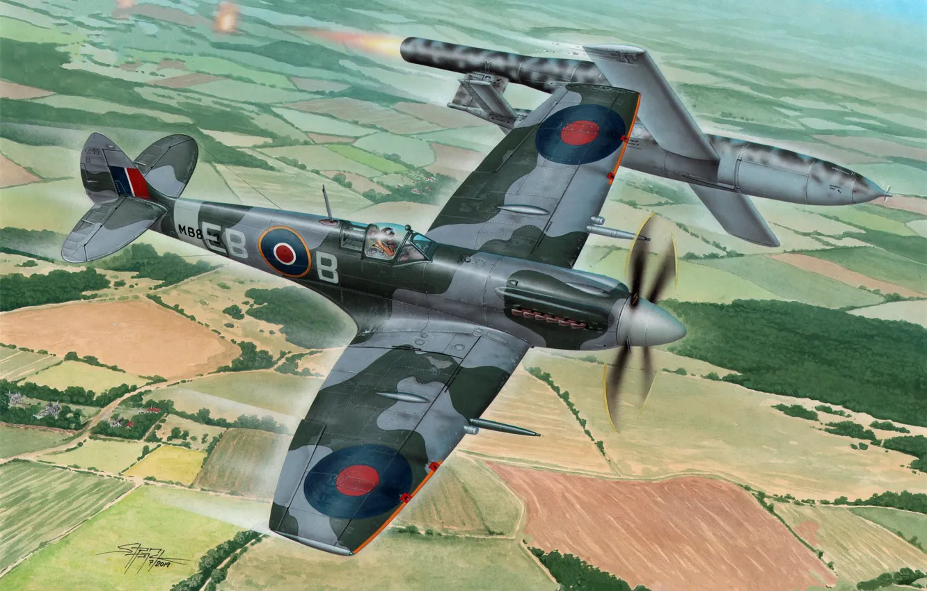 Фото обои Истребитель, Supermarine Spitfire, Supermarine Spitfire Mk.XII, V-1, Фау-1, Fi-103, Крылатая ракета, Spitfire Mk. XII