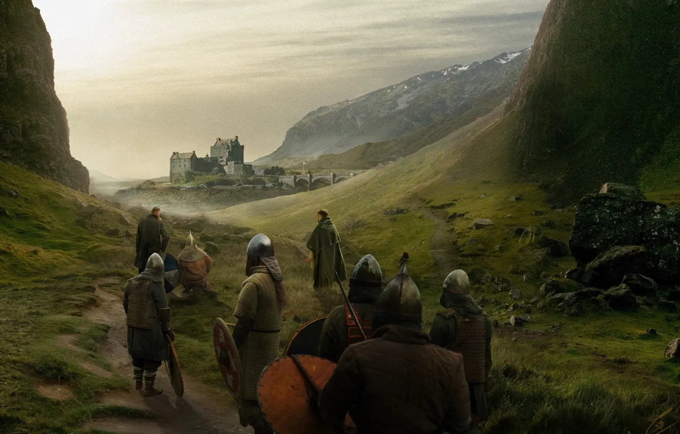 Фото обои Замок, Люди, Рыцари, Войны, Concept Art, Outlander, Средневековье, Matte Painting
