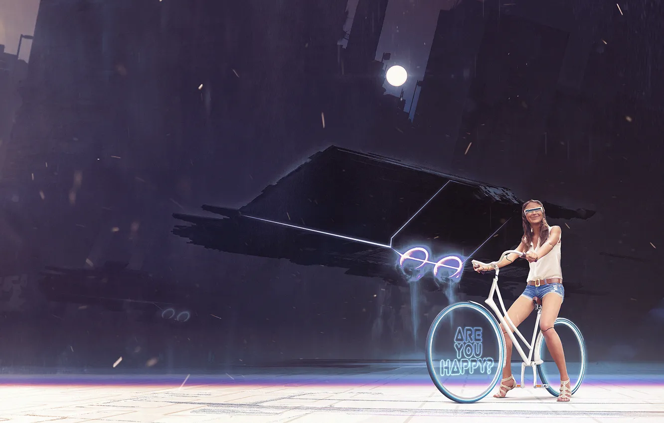 Фото обои девушка, велосипед, луна, арт, очки, колеса, киборг