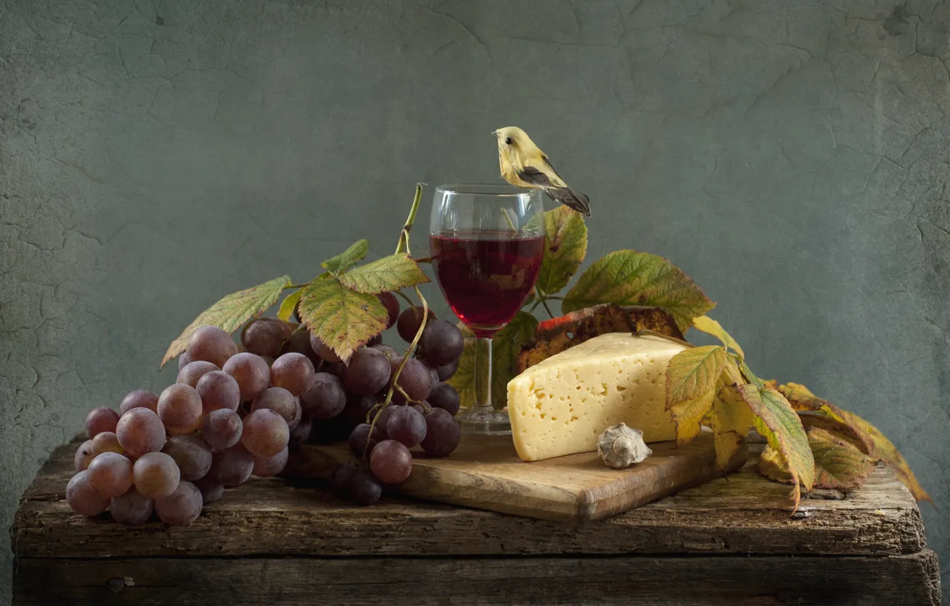 Фото обои вино, бокал, сыр, ракушка, виноград, птичка