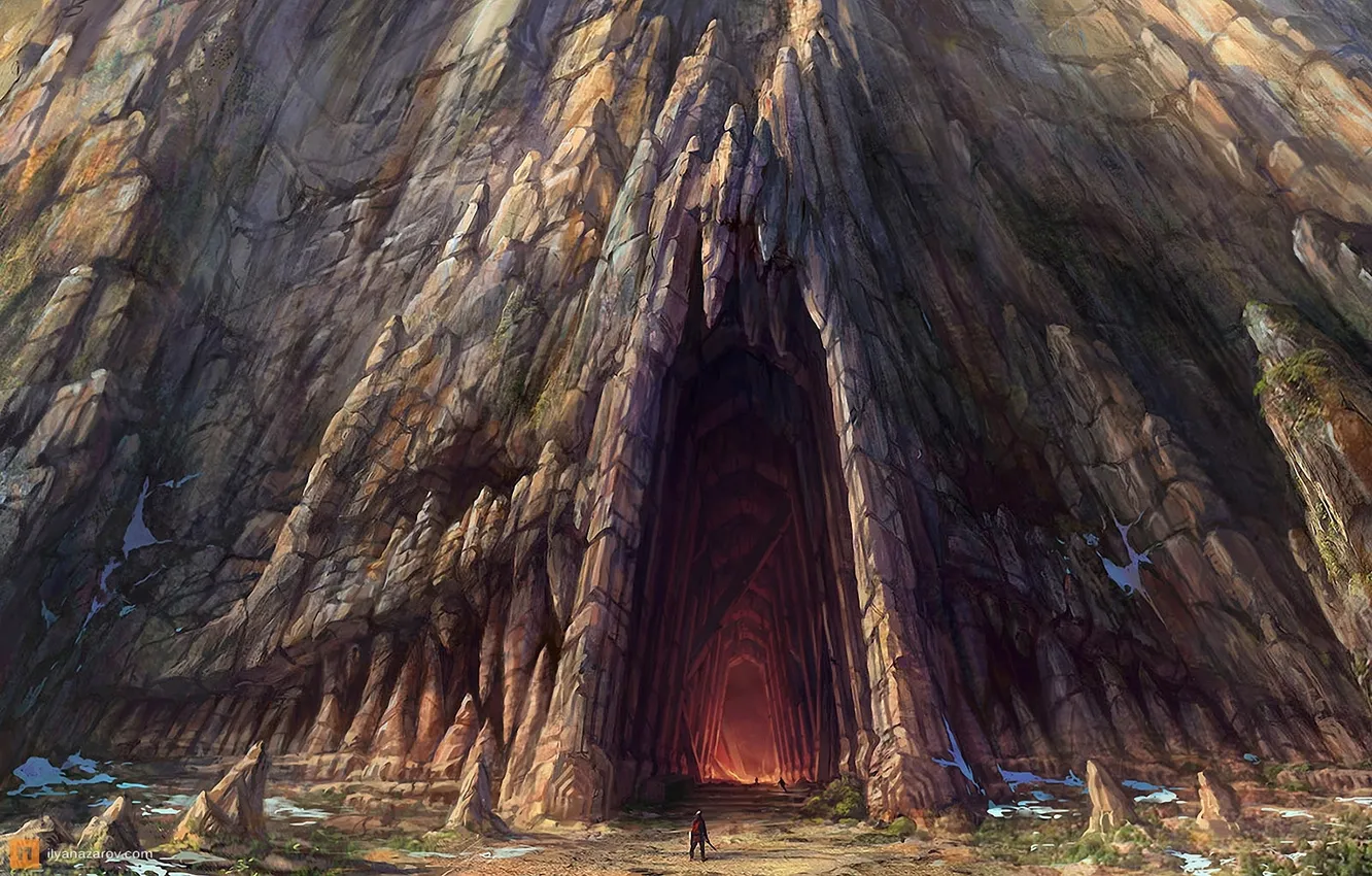 Фото обои гора, воин, арт, пещера, вход, Lord of The Rings, War In The North, Ilya Nazarov