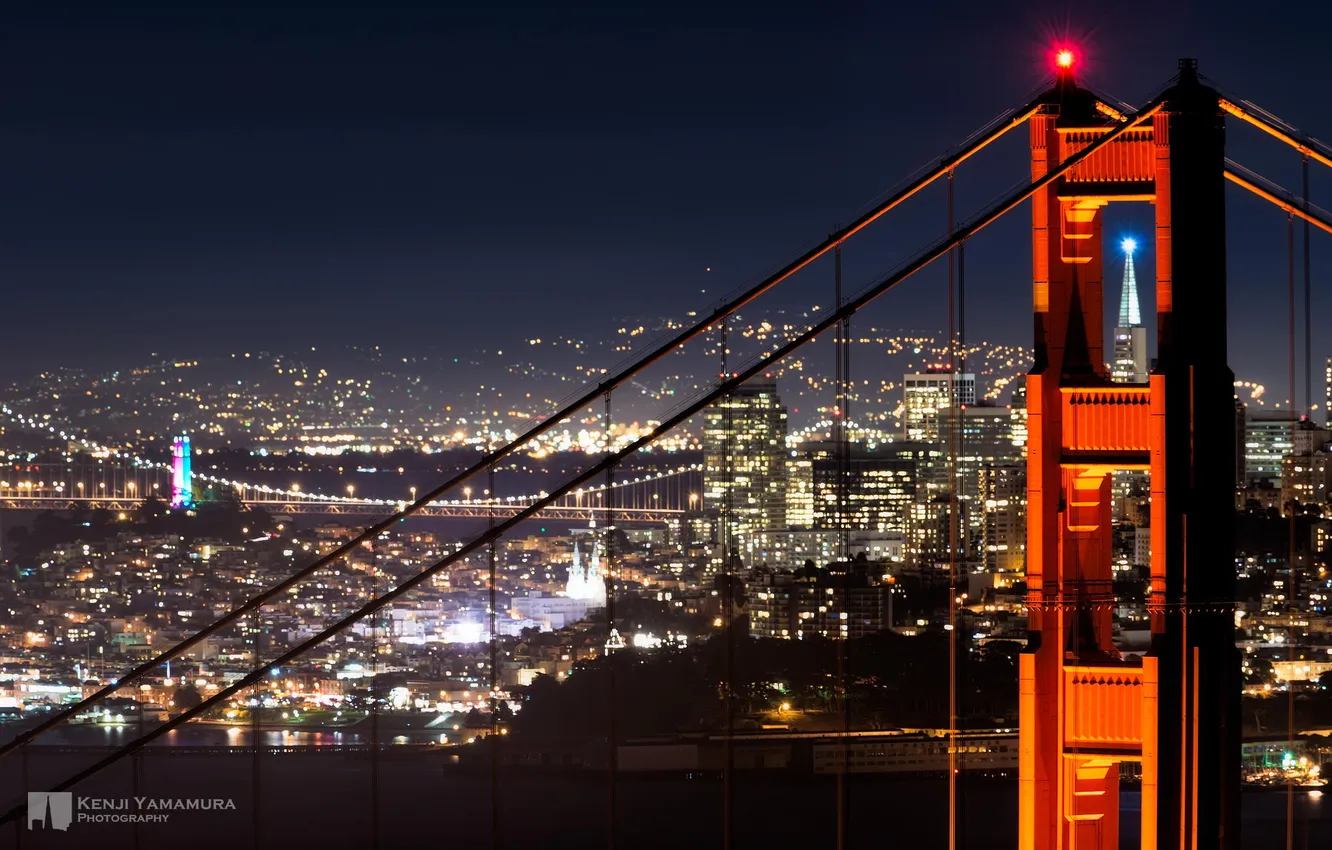 Фото обои ночь, мост, город, огни, Сан-Франциско, photographer, Kenji Yamamura