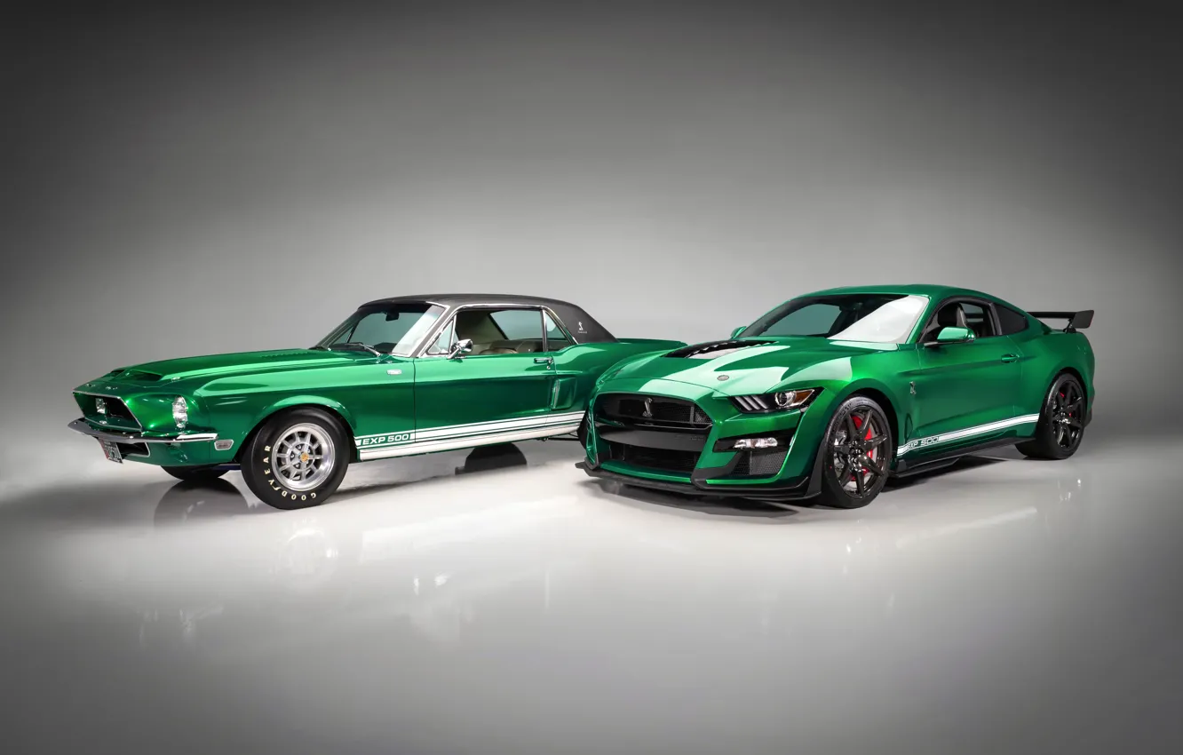 Фото обои Mustang, Ford, Shelby, GT500, пара, 1968, 2020, Green Hornet
