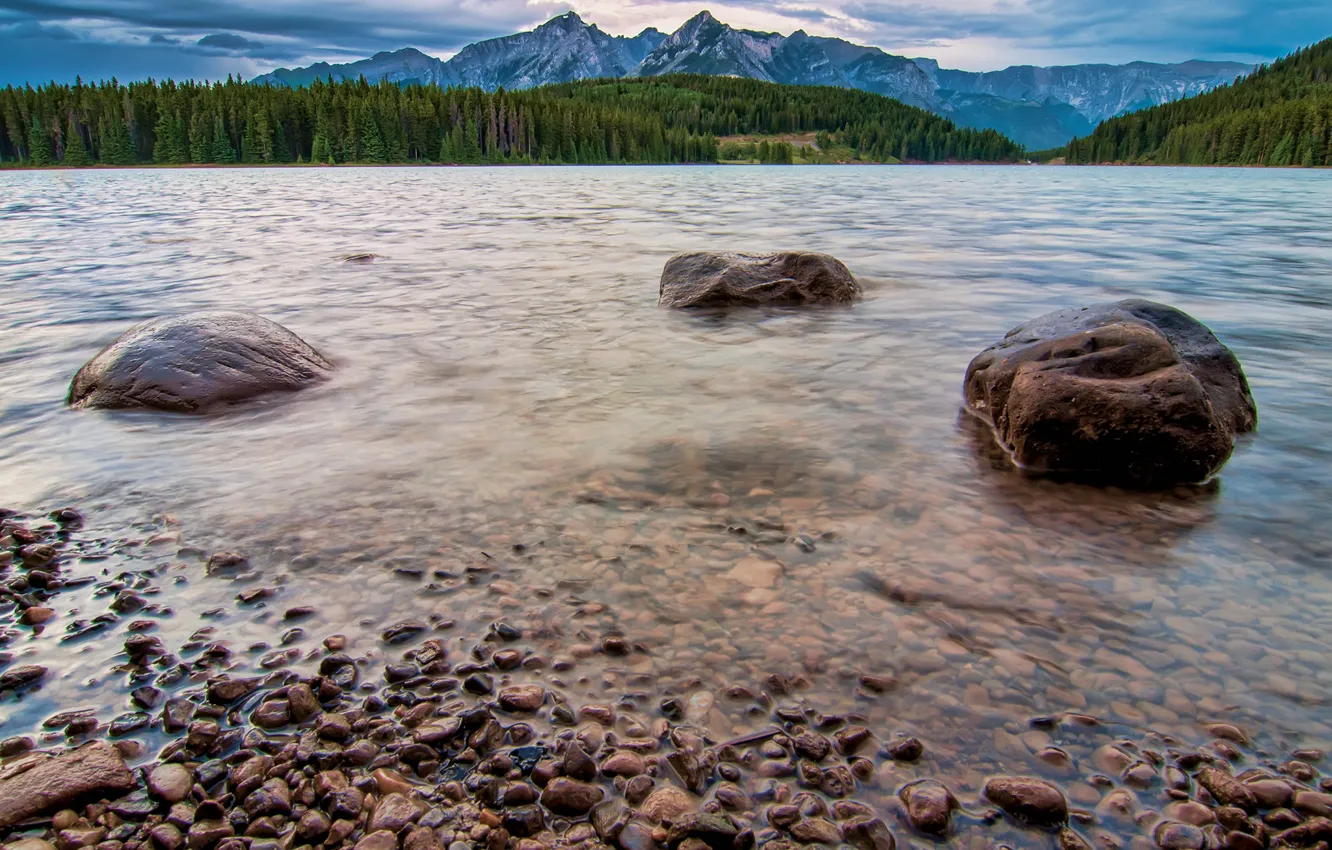 Фото обои лес, облака, деревья, горы, озеро, камни, Канада, Banff National Park