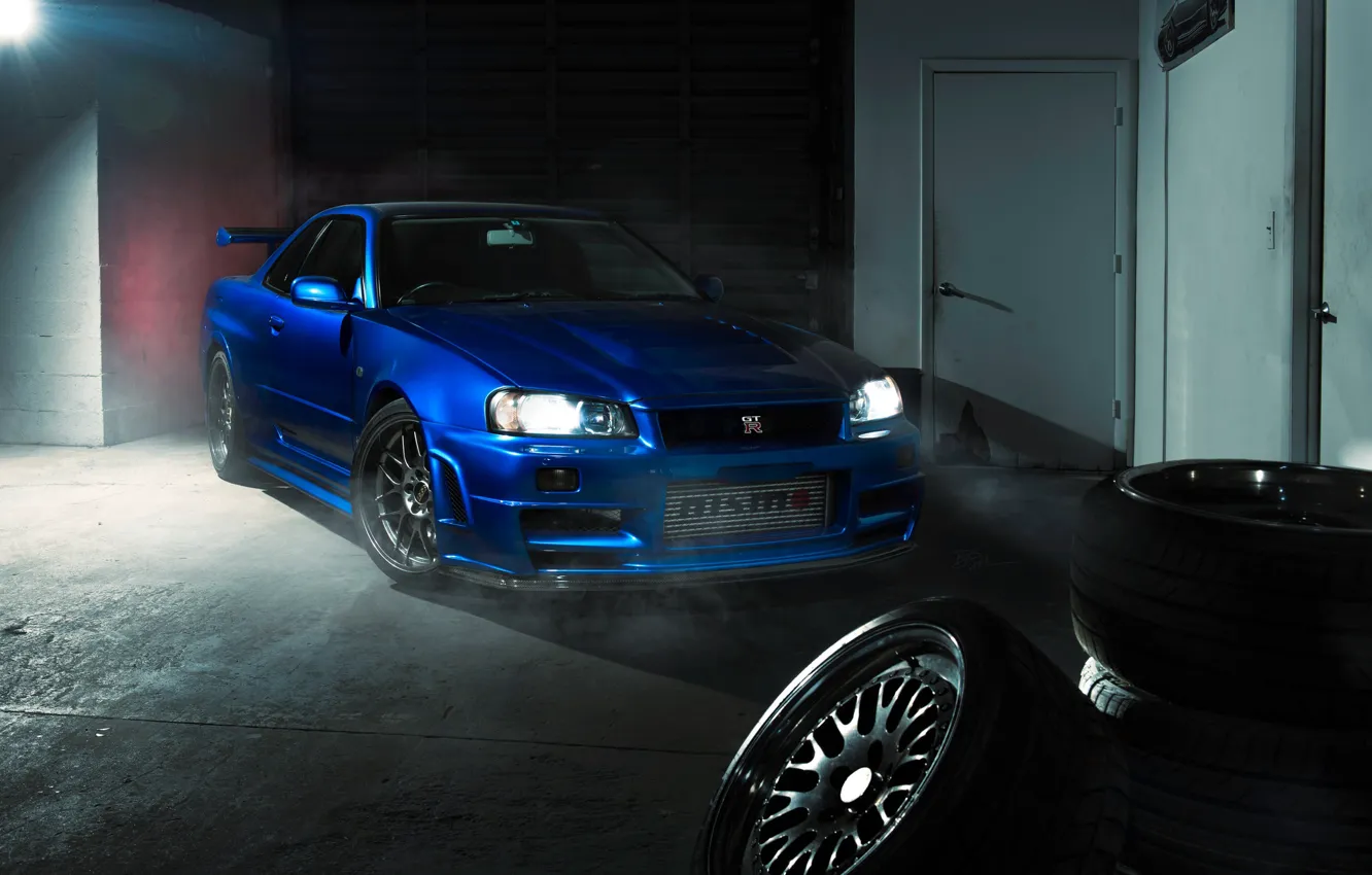 Фото обои GTR, Nissan, Blue, R34