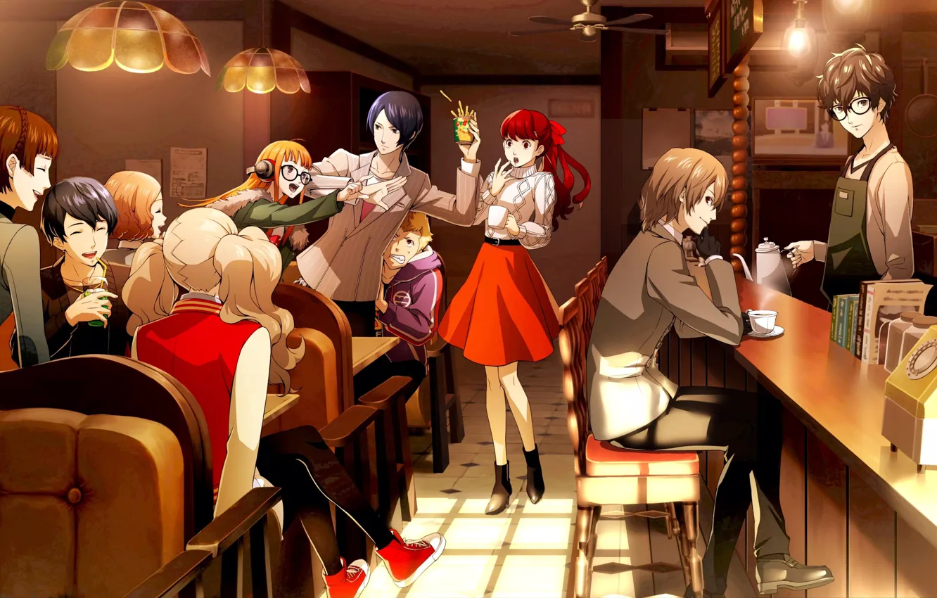 Фото обои девушки, кафе, парни, персонажи, бармен, Persona, Persona 5 Royal