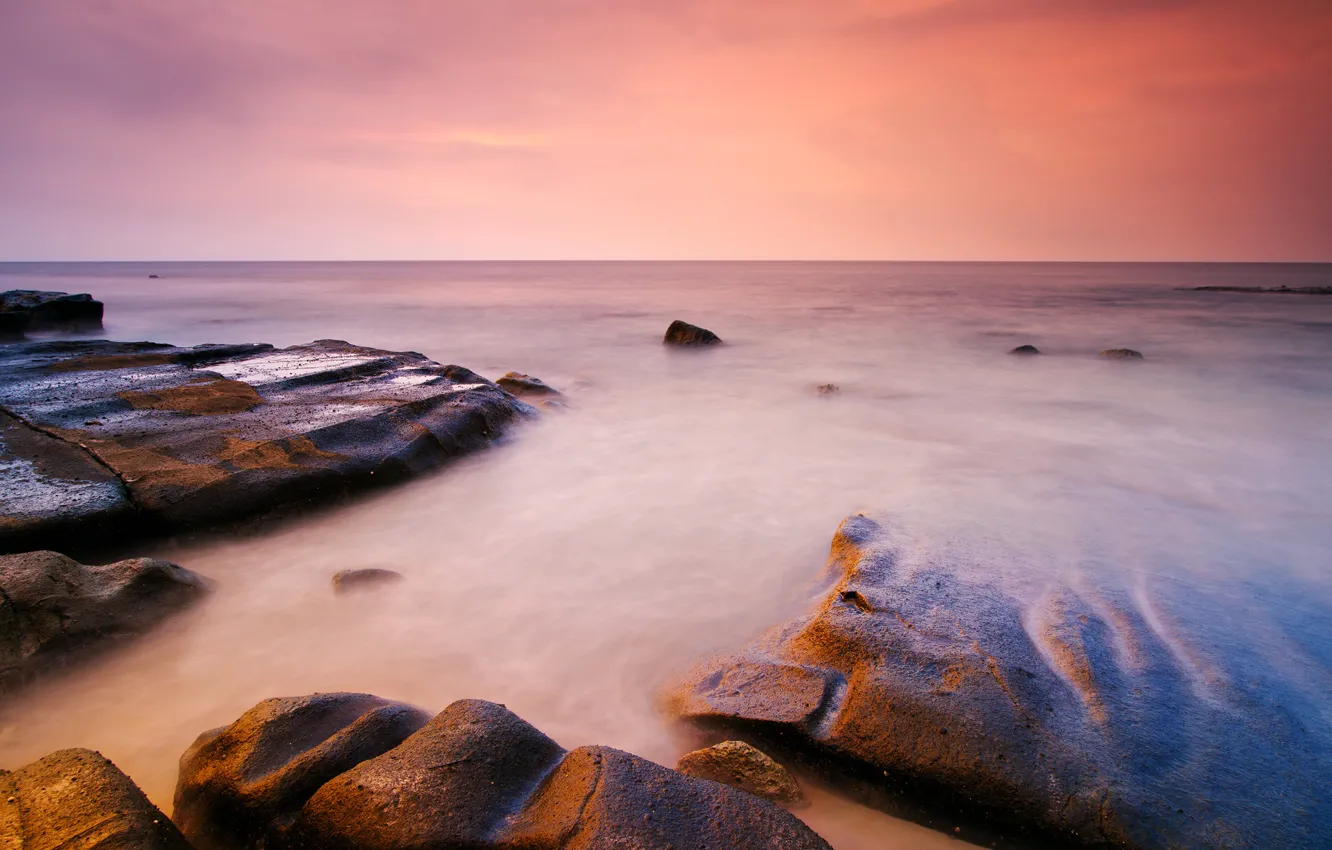 Фото обои камни, океан, рассвет, горизонт