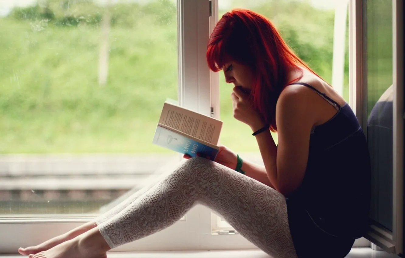 Фото обои girl, sexy, legs, window, redhead, book, novel