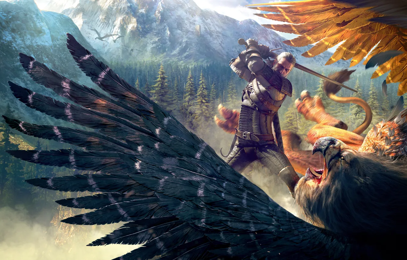 Фото обои горы, птица, Лес, грифон, Ведьмак, Геральт, CD Projekt RED, The Witcher 3: Wild Hunt