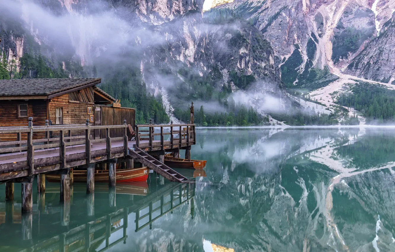 Фото обои mountains, lake, boat house