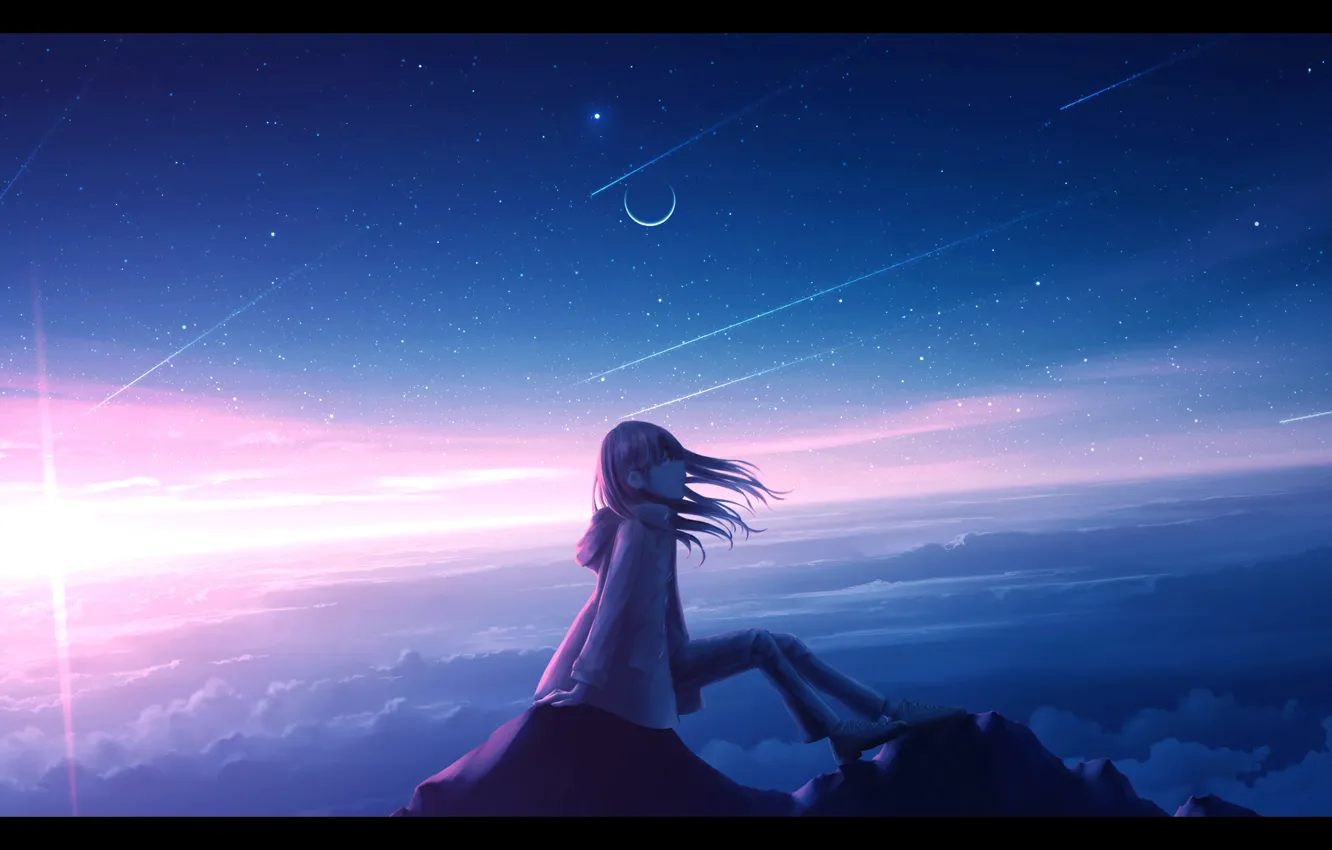 Фото обои небо, девушка, закат, горы, вершина, полумесяц, by Nenogoro