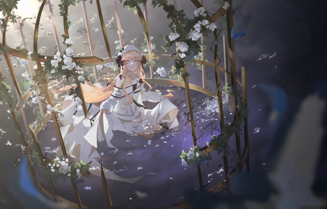 Фото обои девушка, цветы, птица, клетка, Nightingale, Arknights
