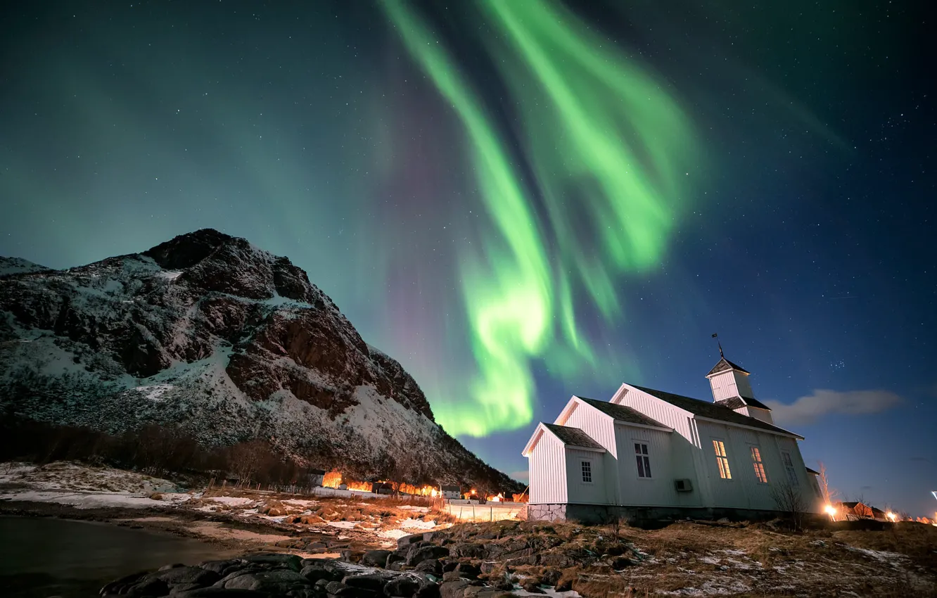 Фото обои зима, снег, пейзаж, горы, ночь, природа, северное сияние, Норвегия