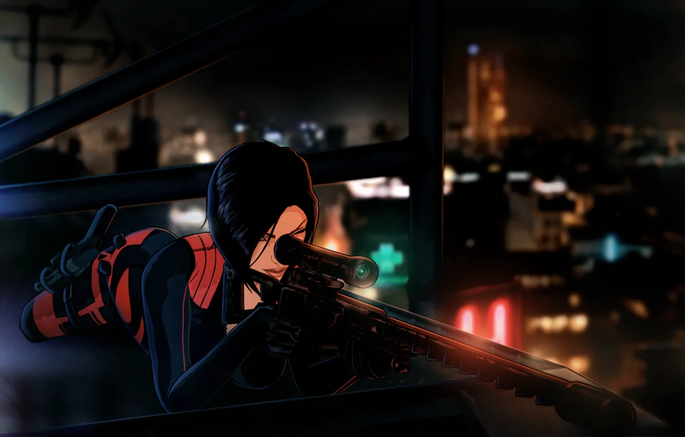 Фото обои крыша, ночь, оружие, женщина, париж, снайпер, sniper rifle, Fear Effect